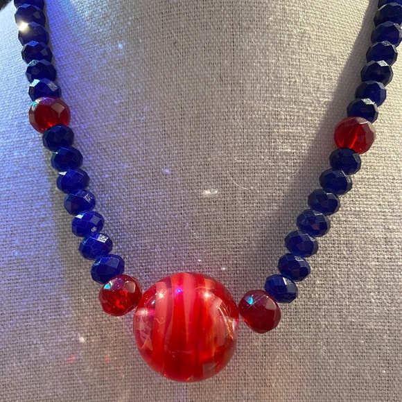 Faceted Blue and Ruby Red Glass Necklace with Large Art Glass Bead - Picture 1 of 5